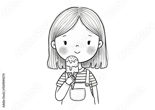 Happy girl illustration enjoying ice cream in a playful line drawing style copy space
