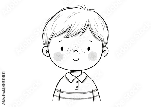 Cute boy illustration with a joyful expression in a simple line drawing style copy space
