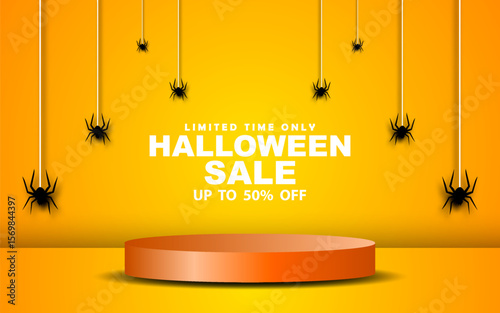 Halloween sale horizontal banner template design. Podium with Halloween atmosphere background.