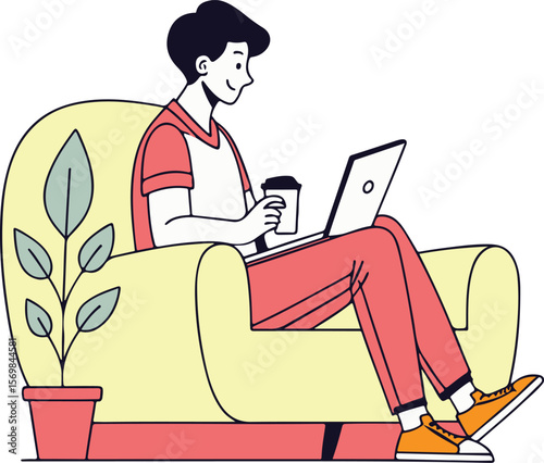 Young man working remotely on laptop while relaxing on armchair with coffee cup – vector illustration