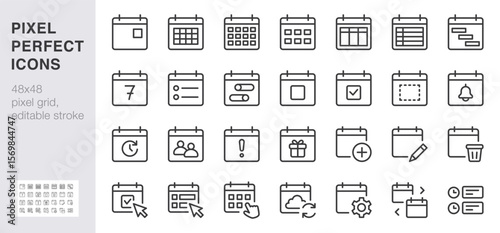 Calendar line icon set. Month view, agenda, event editing, reminders, sync minimal vector illustrations. Simple outline signs for planners and scheduling. 48x48 Pixel Perfect. Editable Stroke
