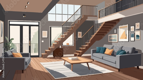 Cozy house interior with a wooden floor, large gray sofa, and stairs leading to the second floor
