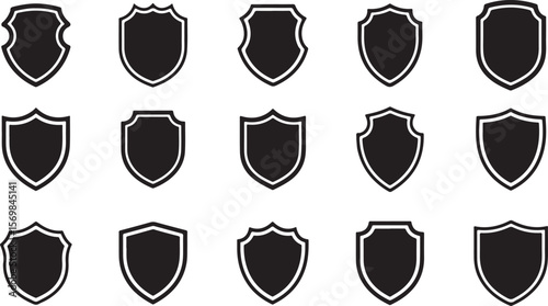 Shield Icon Set – Black and Outline Vector Badge Silhouettes for Security, Protection, and Emblem Designs