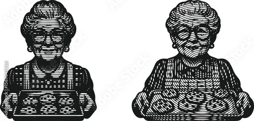  Heavy lined effect black vector bundle featuring grandma with glasses joyfully holding a tray of cookies, retro vintage sketch style for nostalgic bakery and kitchen themed designs
