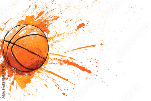 Vibrant basketball illustration with splashes of orange paint on a white background