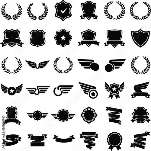 Collection of black icons featuring shields laurels ribbons and wings