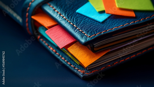 Close-up of a colorful leather notebook with stitched edges, with colorful Post-it notes on the cover