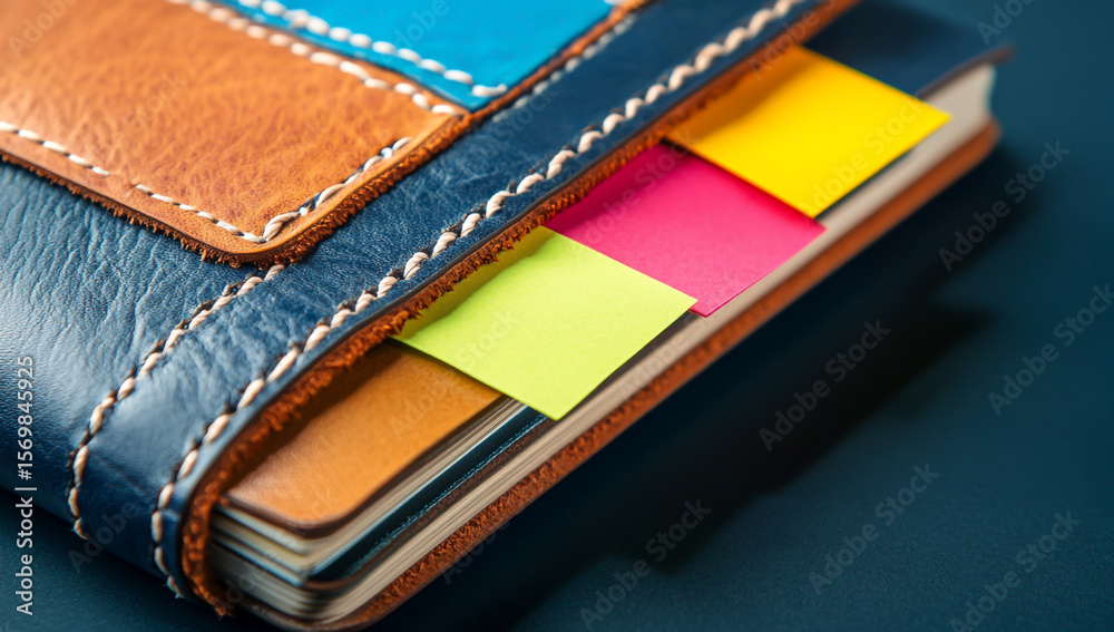 Fototapeta premium Close-up of a colorful leather notebook with stitched edges, with colorful Post-it notes on the cover