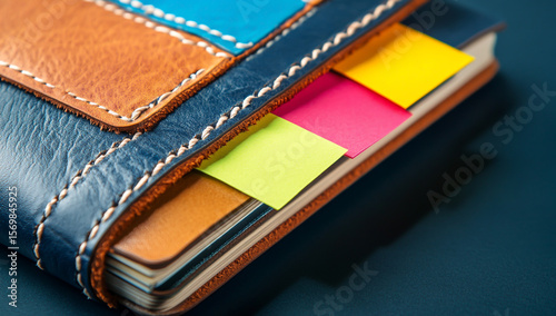 Close-up of a colorful leather notebook with stitched edges, with colorful Post-it notes on the cover