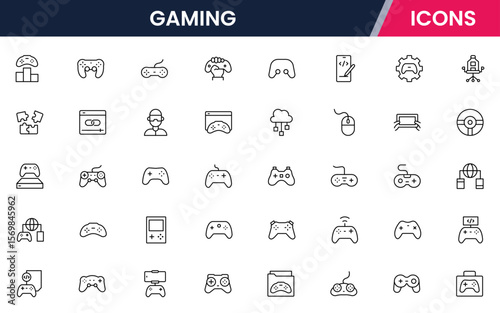 Gaming vector web line icon collection, sleek illustrations of controllers, headsets, consoles, virtual reality for immersive, dynamic designs.