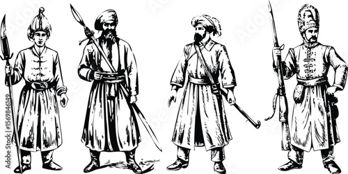 Ottoman Janissary Warriors Vector Engraving Set. Detailed Monochrome Turkish Soldier Illustrations. Vintage Historical Military Icons & Symbols