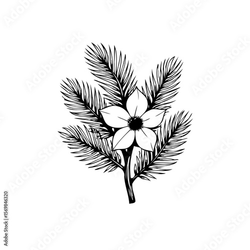 Detailed botanical illustration showcasing a delicate flower among pine branches bringing an elegant touch to design