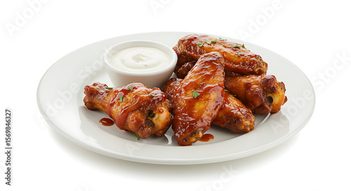 Barbecue chicken wings coated in honey BBQ sauce, served on a round white plate with a small cup of ranch dressing. Scene is isolated on a white background with clean, high-end lighting