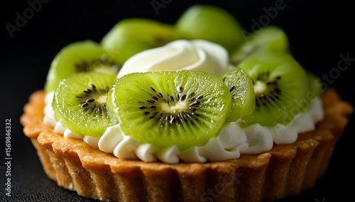 Close-up of a mini kiwi tart with cream and sliced ​​kiwi fruit on top on a black background