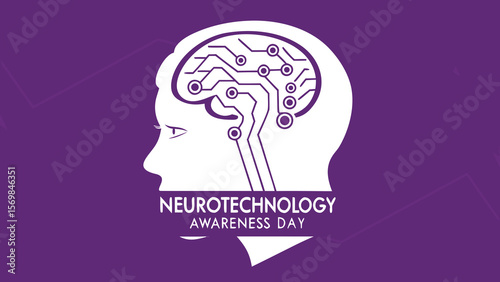 Abstract profile illustration depicting a brain with circuit board design, symbolizing neurotechnology;  purple background, minimalist style, conveying technological advancement and awareness.