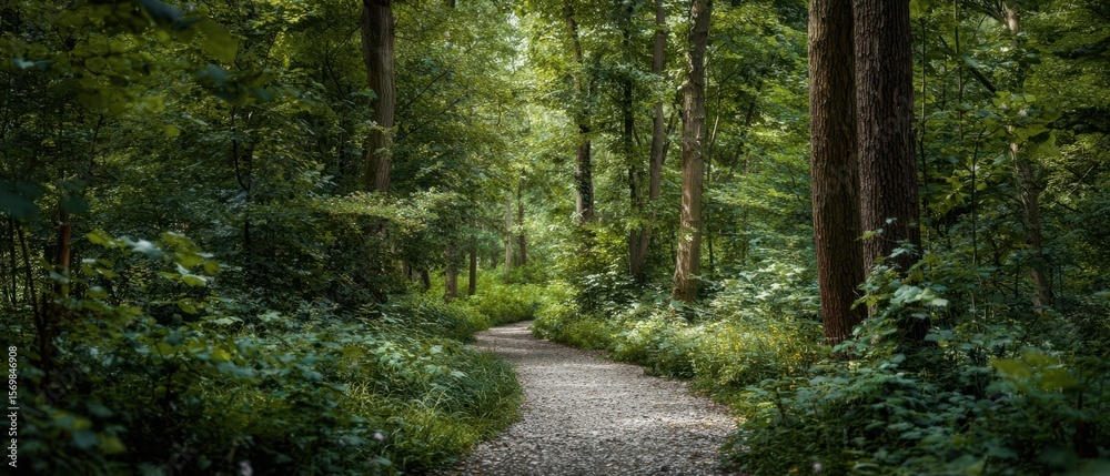 Obraz premium The winding path through a tranquil green forest inviting exploration and serenity.