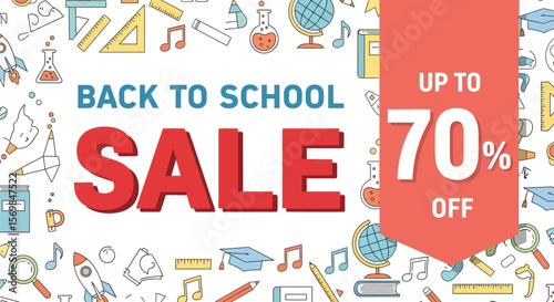 Back to school sale up to seventy percent off promotion banner template with school supplies icons vector