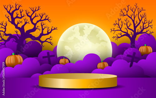 Halloween sale banner template featuring spooky background and elements with a podium display. Perfect for promotional banners, website backgrounds, and Halloween-themed sale events.