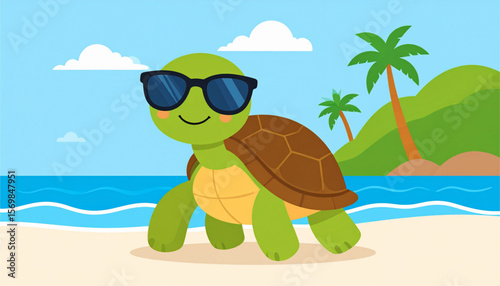 Cool Turtle on Beach Vacation Summer Fun Illustration