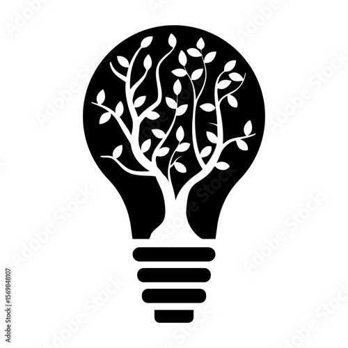 Eco Innovation Tree Inside Light Bulb Black and White Vector Illustration. A classic light bulb shape is filled with a thriving tree whose branches and leaves extend gracefully upward.