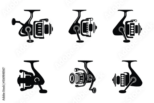 Silhouette of fishing reel icons set isolated on white background for outdoor concepts.
