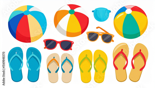 Colorful Beach Essentials Sunglasses, Flip-Flops, and Beach Balls