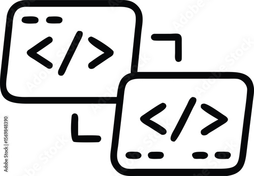Two Black Bold Outline Rectangular Screens Showing Angle Brackets Code Symbol Connected by Lines rectangle