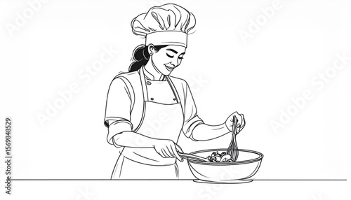 Happy Female Chef Cooking Delicious Food in Kitchen - Line Art Illustration