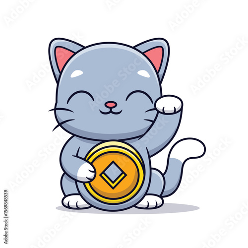 Cute Lucky Cat Holding Gold Coin Money Cartoon Vector Icon Illustration. Animal Finance Icon Concept Isolated Premium Vector. Flat Cartoon Style