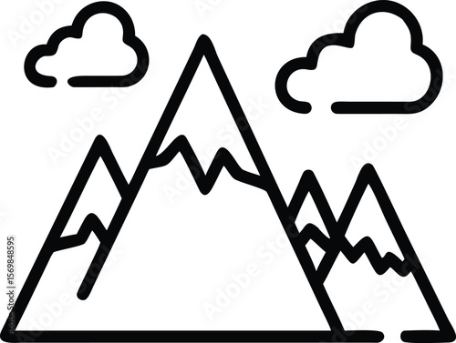 Black Line Art Mountain Range Illustration Two Peaks Clouds Simple Graphic Design mountains