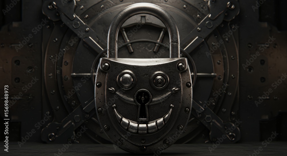 Fototapeta premium Smiling metal padlock in front of round metal door