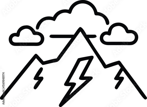 Black Line Art Mountain Range Lightning Storm Clouds Bold Graphic Design Element vector