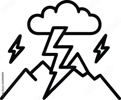 Black Line Art Illustration Lightning Bolt Striking Mountains Cloud Storm Weather Icon Graphic vector