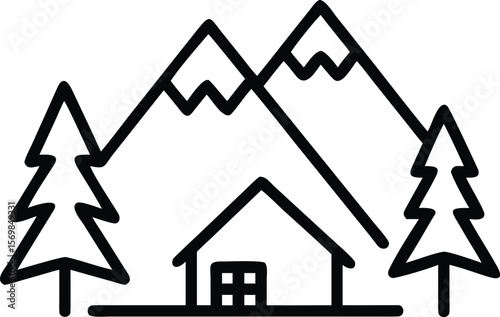 Black Line Drawing Mountain Cabin Scene Two Trees Snowy Peaks Simple House Illustration vector