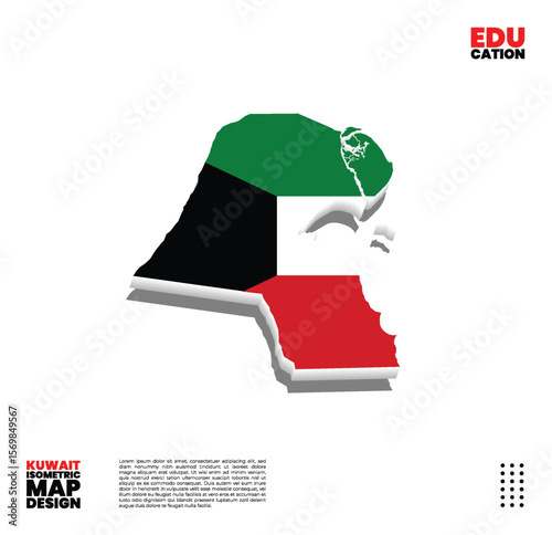 Infographic style isometric Kuwait map with flag overlay