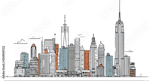 New York Outline Skyline Vector, Manhattan Skyscrapers Line Illustration, Urban Cityscape Design

