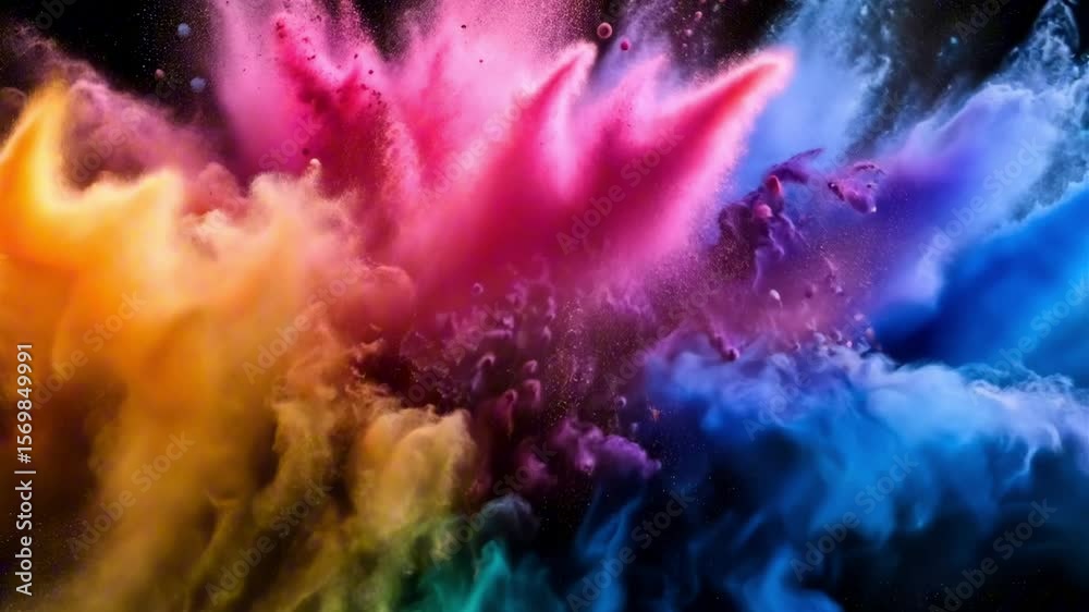 Colored splash explosion of multi-colored powder on a dark background. Holi celebration concept in India, background for holiday advertising and creative products or projects