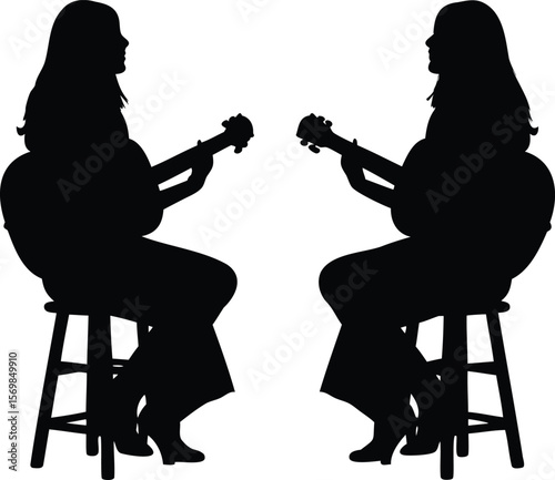 Silhouette of Two Women Sitting and Playing Acoustic Guitar Facing Each Other Vector Music Illustration
