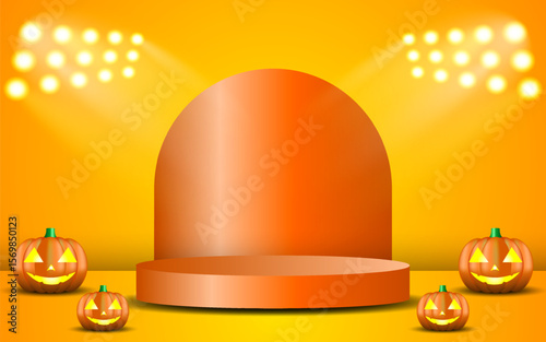 Halloween sales podium to display your products. 3D holiday exhibition scene. Vector illustration.