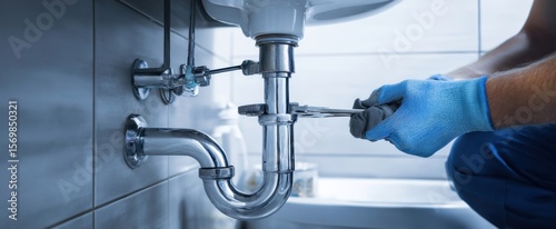 The plumber fixing a sink using a wrench in a modern bathroom setting.
