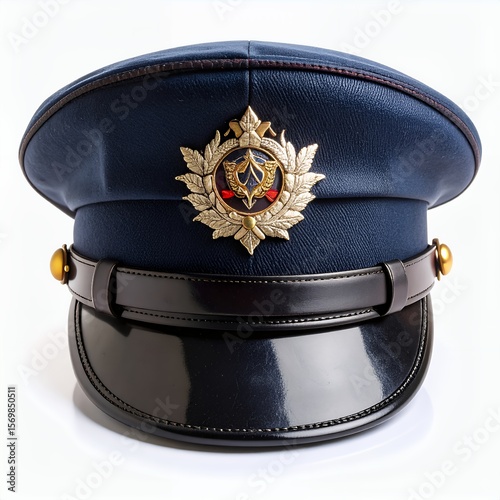 Elegant authoritative navy cap embellished with ornate insignia still life object on white background
