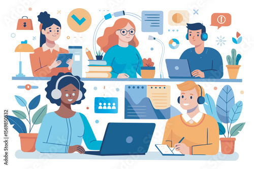 "Office and remote work scenes featuring diverse characters working on laptops, participating in video meetings, and brainstorming together.