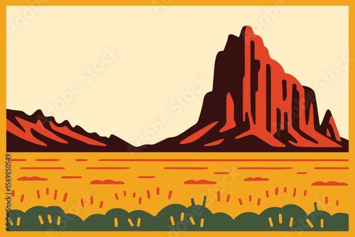 Desert Landscape with Rock Formations, Plants, and Sky Arid Environment Vector Art