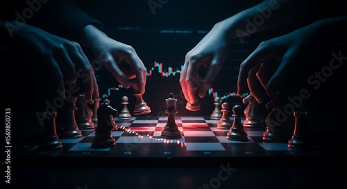 Invisible hands moving chess pieces on glowing stock ticker board for insider trading metaphor
