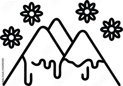 Black Line Art Mountains Melting Flowers White Background Simple Design vector