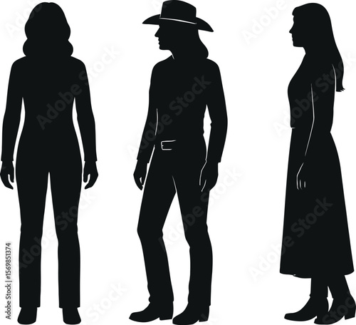 Silhouette Illustrations: Three Women, Western Fashion, Profile Views, Black and White, Vector Art, Graphic Design Element