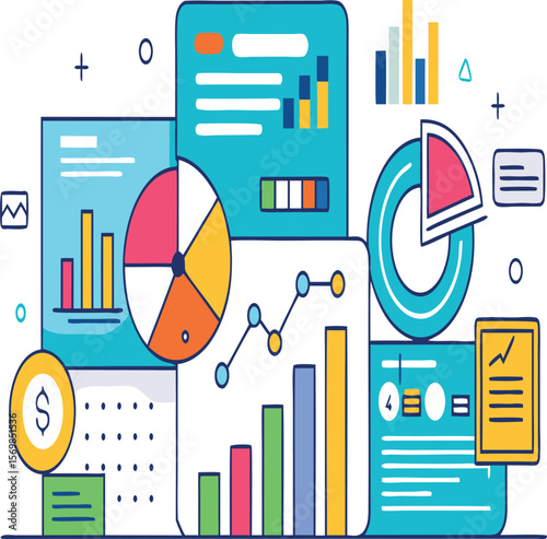 Illustration of data analytics dashboard with charts and graphs for business intelligence analysis