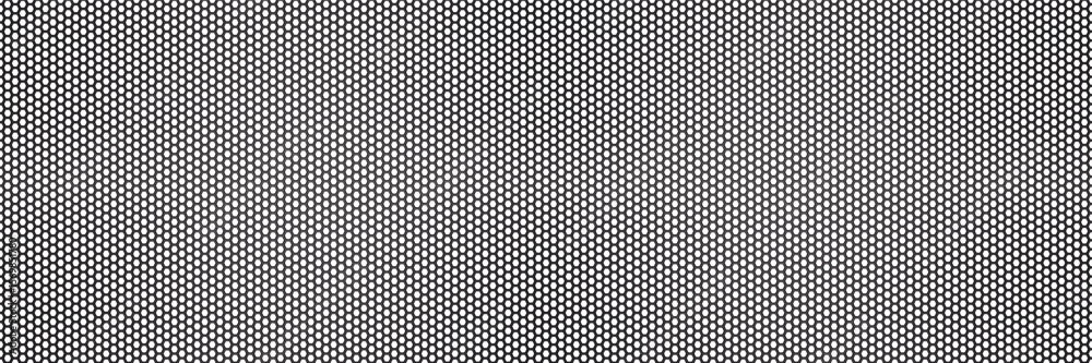 Black metal speaker mesh with honeycomb grid seamless bg. Dark perforated metal background. Hexagon holes on aluminum sheet. Vector illustration