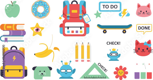 Back to school sticker pack vector illustration with school supplies and cute objects for kids and students