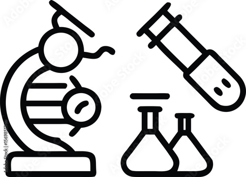 Black and white illustration of a microscope D N A strand test tubes and beakers scientific research laboratory equipment